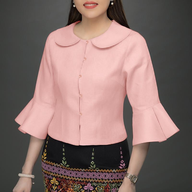 

ZANZEA Женские осенние рубашки с лацканами, рукавами 3/4, в стиле пэчворк, с оборками 5XL розовый