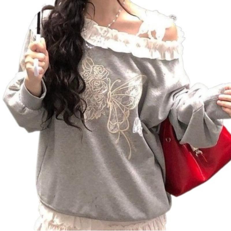 Butterfly Embroidered Women's Sweatshirt One‑shoulder Ruffled Lace Long Sleeved Pullover Korean Version New Style Sweet Woman Top