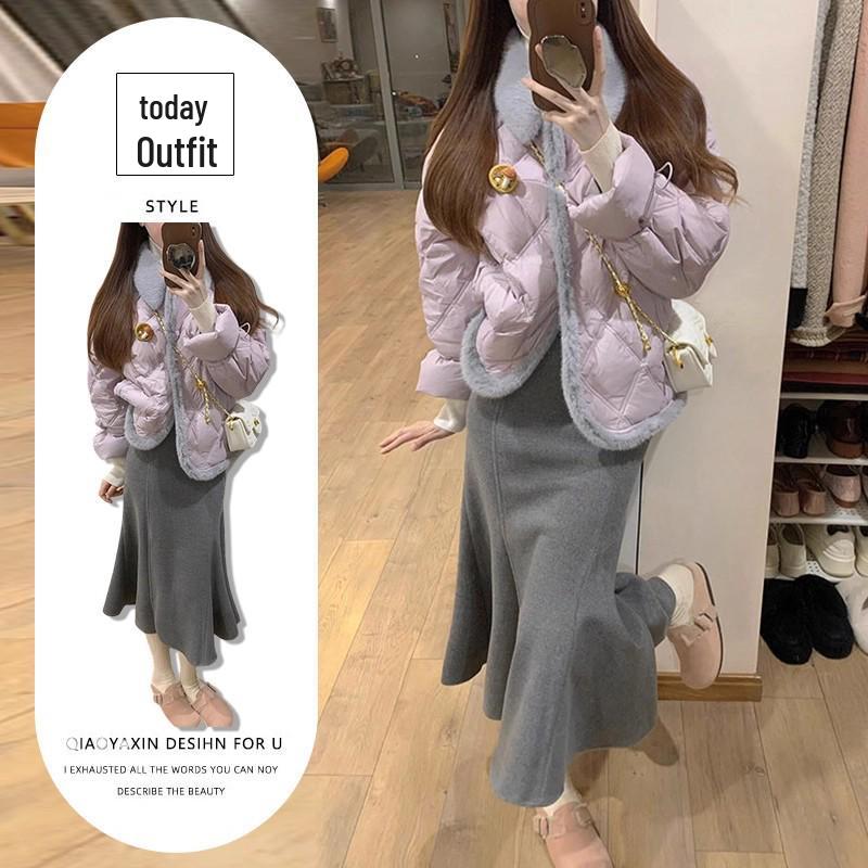 

Chic Two-Piece Outfit: 2025 Autumn/Winter Raw Edge Cotton Jacket & High-Waisted Mermaid Skirt M [for 95-105 lbs]
