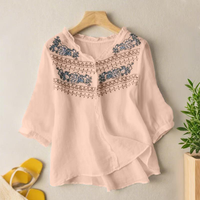 

ZANZEA Женская повседневная блузка с V-образным вырезом, рукавом 3/4, свободного кроя и вышивкой 5XL розовый