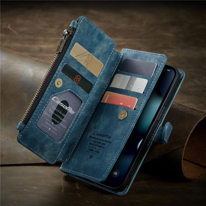Custodia Portafoglio In Pelle PU Con Cerniera Per IPhone 15 Pro - 10 Slot Carte E Cinturino (Marrone)