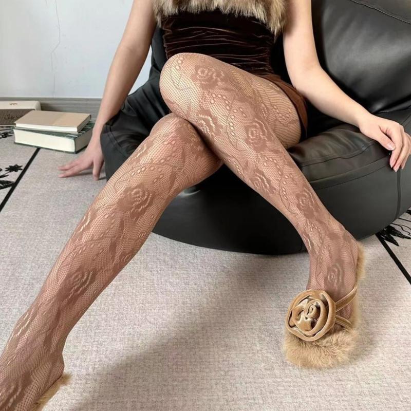 Women Chinese Style Sexy Hollowed Sheer Fishnet Pantyhose Rose Flower Jacquard Patterned Vintage Leggings Mesh Tights