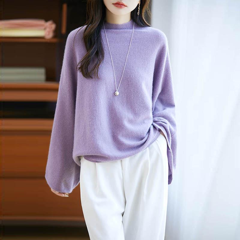 Women's Pure Wool Sweater - Bell Sleeves, Loose Fit, Half-High Neck, Trendy Autumn/Winter Knitwear