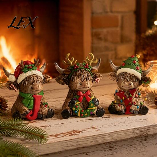 Detailed Figurines for Porch 3Pcs Christmas Highland Cow Figurine, Resin Yak Statues with JOY Letter Sign, Decorative Accents Desk Farmhouse Tabletop