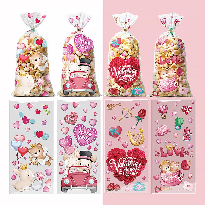 50/100pc Valentine's Day Cartoon Pattern Heart-shaped Transparent Glass Paper Bag Valentine's Day Happy Party Packaging Supplies