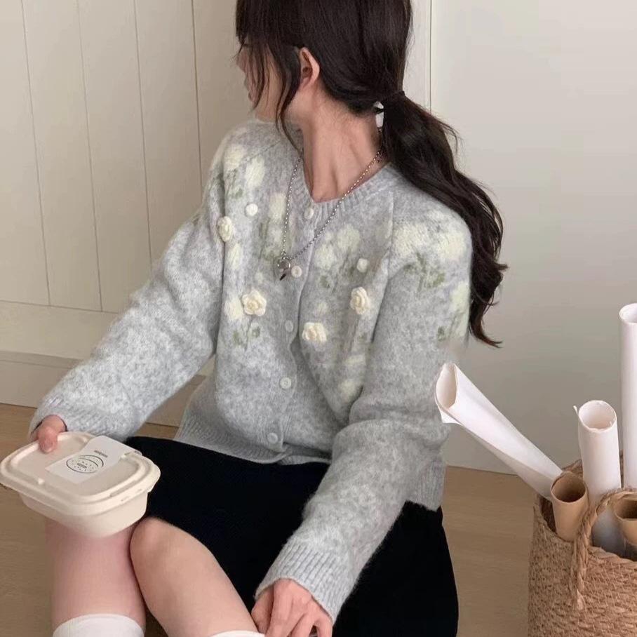 Korean style sweet three-dimensional floral knit cardigan for women, spring/autumn new versatile soft and cozy loose lazy style sweater jacket