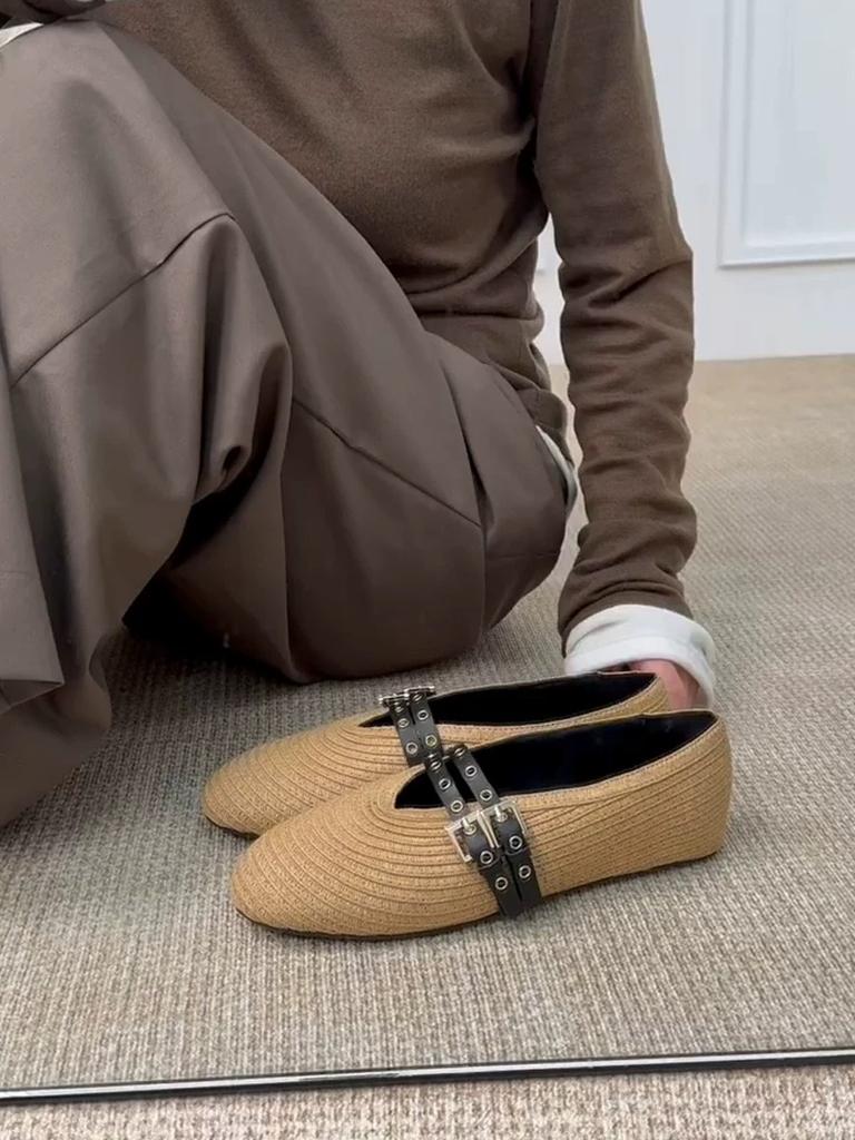 Leather French Straw Double One-Word Band Round Head Shallow Mouth Flat Ballet Single Shoes Women's 2025 Spring Mary Jane Shoes
