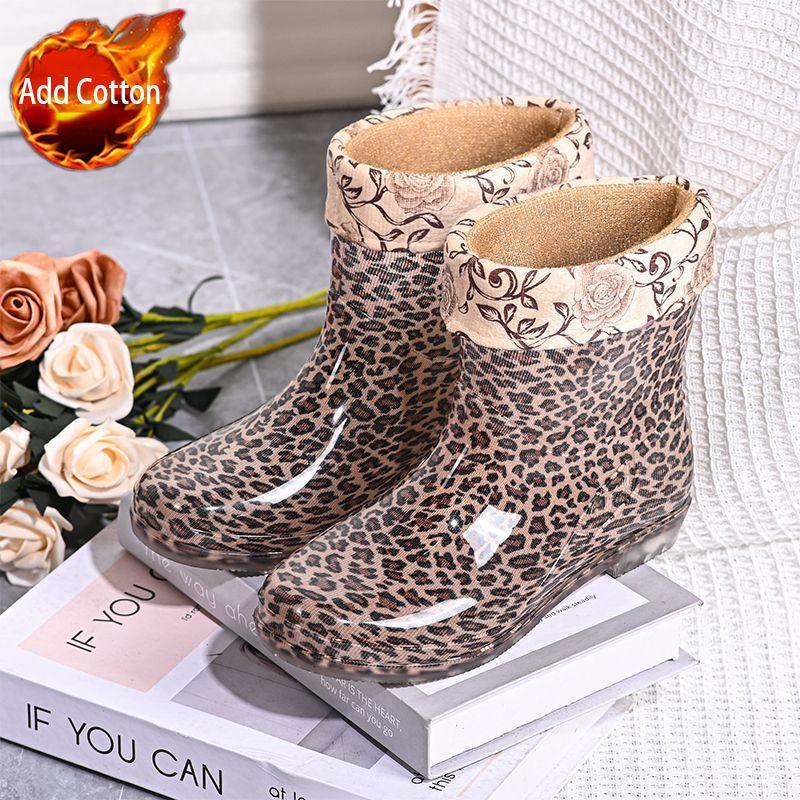 Women's Waterproof Short Shaft Rain Boots Fleece-Lined Anti-Slip Warm Rubber Boots for Kitchen & Outdoor Stylish Adult Footwear