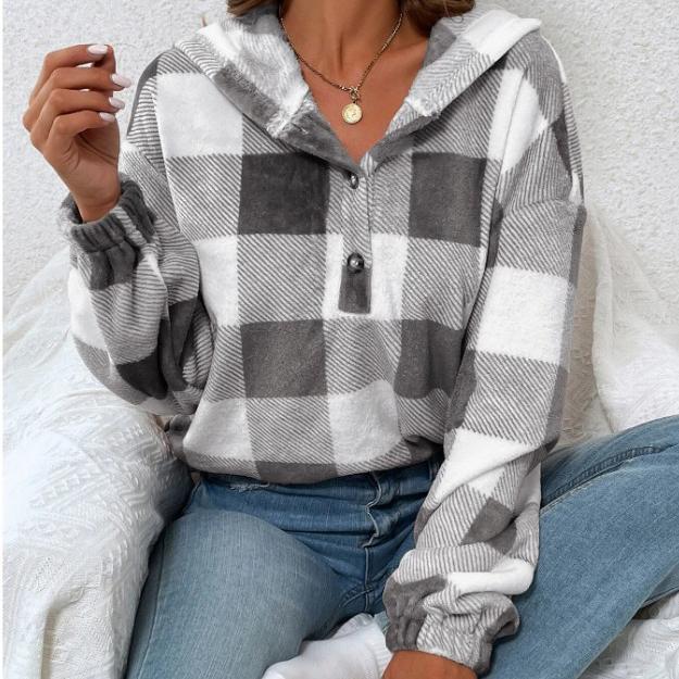 Autumn and Winter Women's Fashion Flannel Plaid Half Open Collar Nail Buckle Hooded Plush Sweater