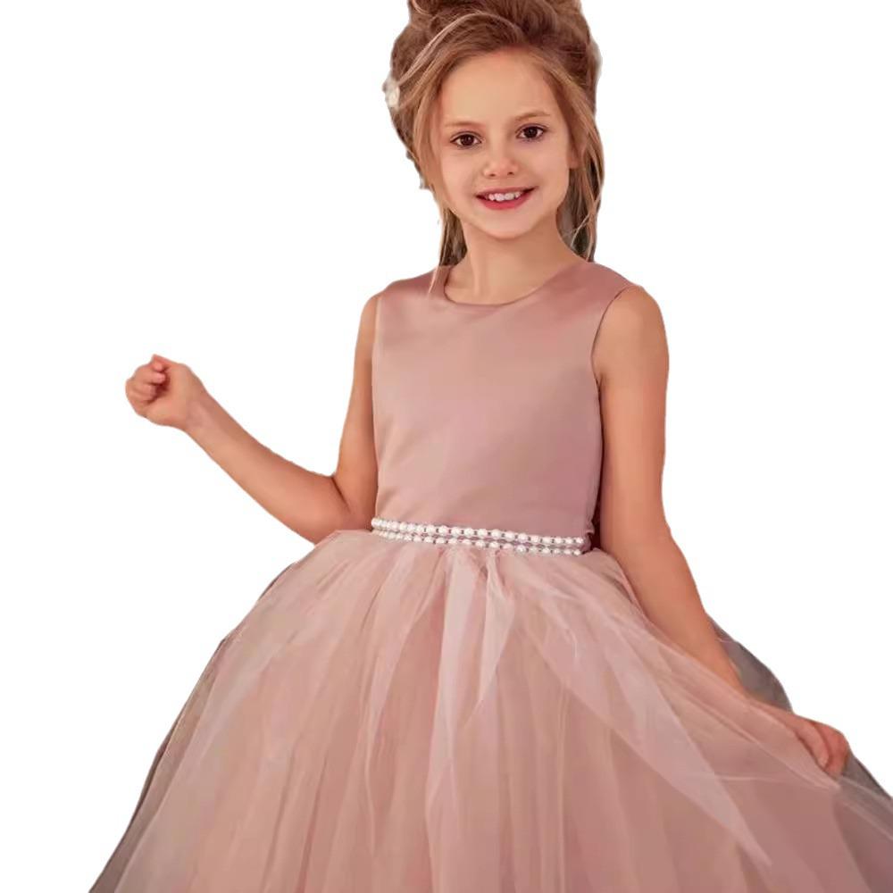 Girls' Sleeveless Puffy Mesh Princess Dress with Bow - Spring/Summer European & American High-End Fashion.
