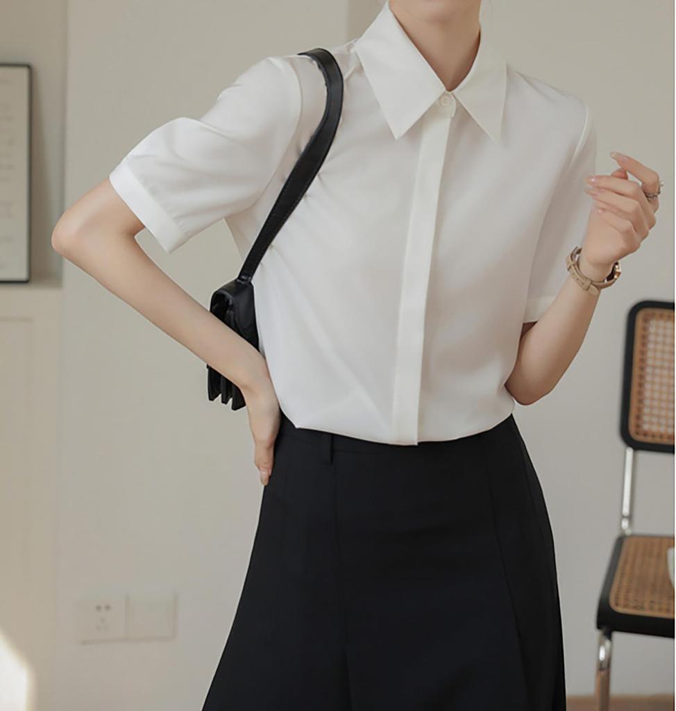 Shirt Blouse Short Sleeve Silky Dress Shirt Summer Loose Fit Large Size No Iron Washable Neat Plain Simple Body Cover Slimming Office Casual Fashion