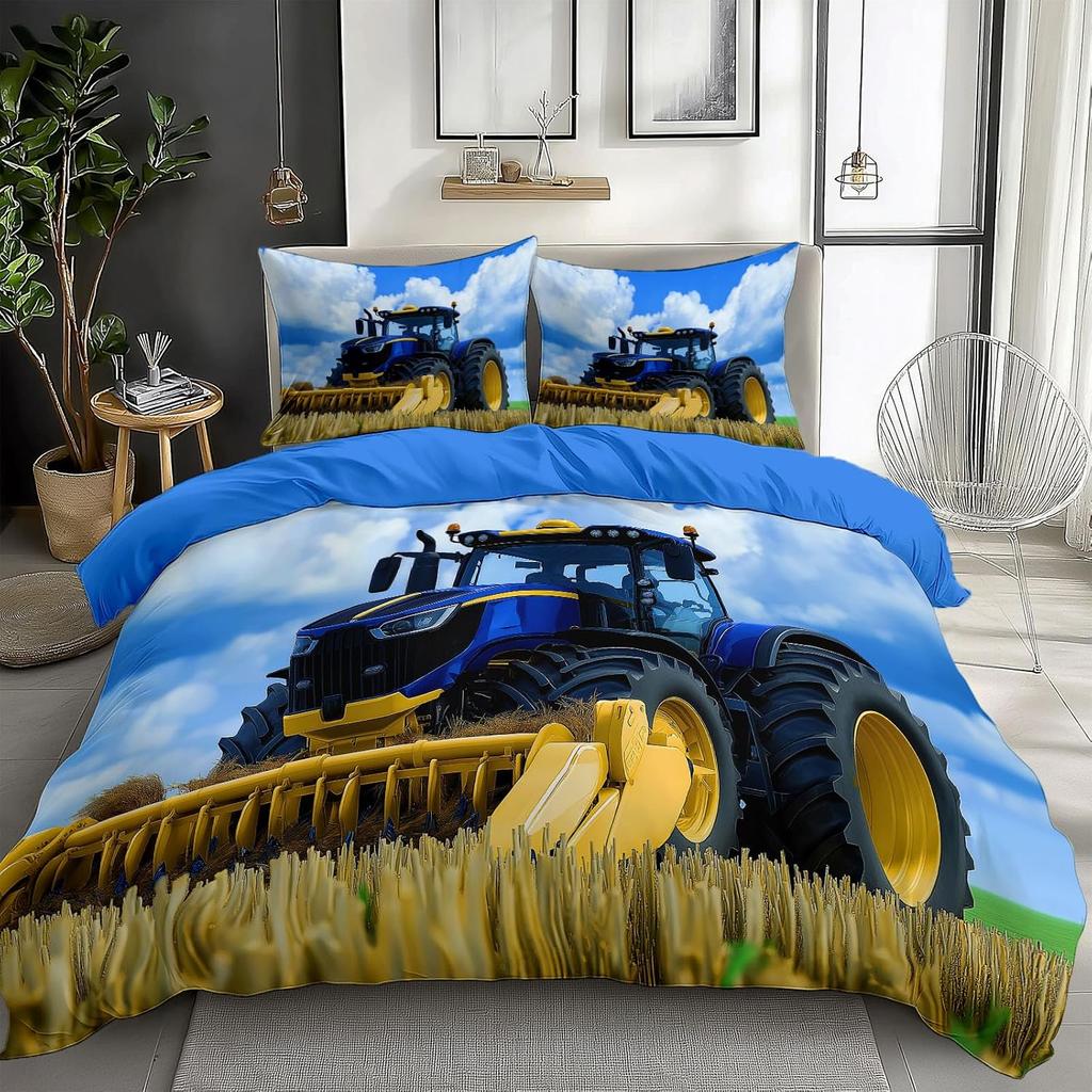 Children's Duvet Cover Set,Cartoon Print Bedding Set,Geometric Vehicles Tractor Duvet Cover with Pillowcase for Boys and Girls