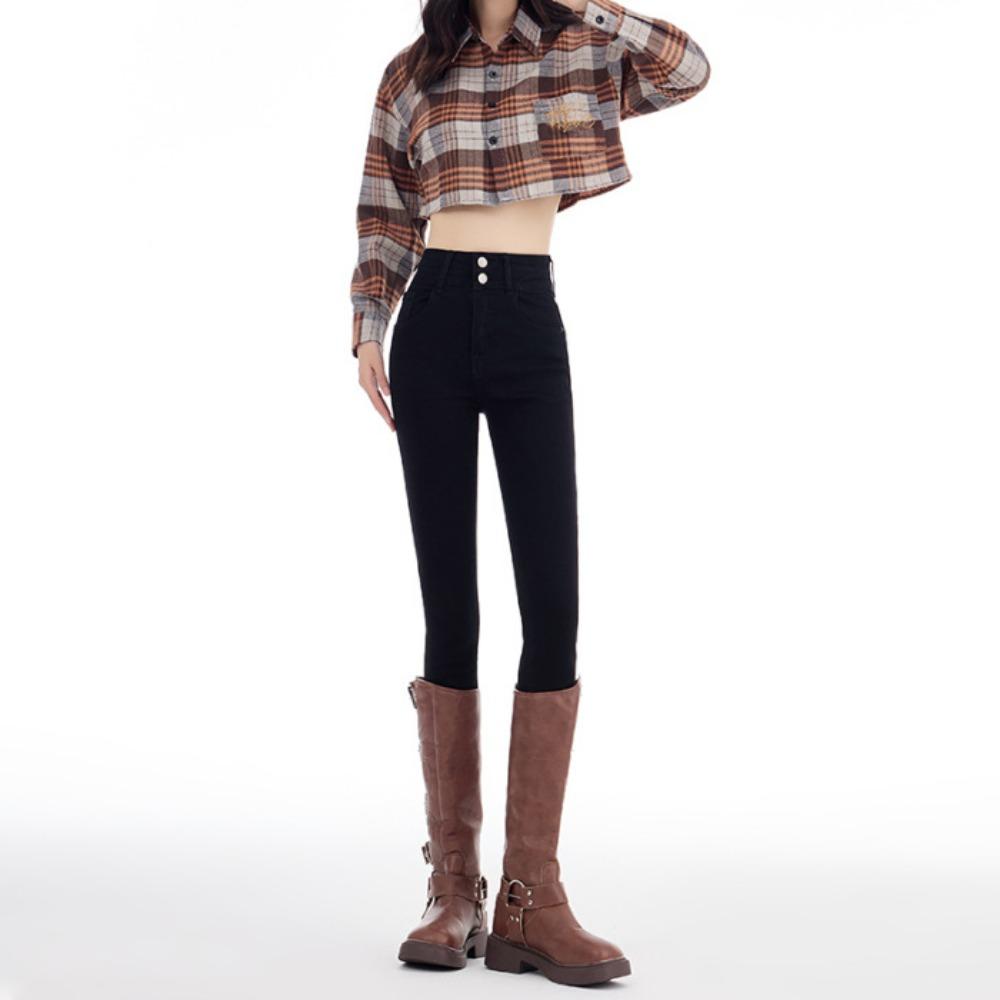 Korean version of autumn and winter 2025 new high-waisted double-button tight pencil pants women's thin and versatile denim pants