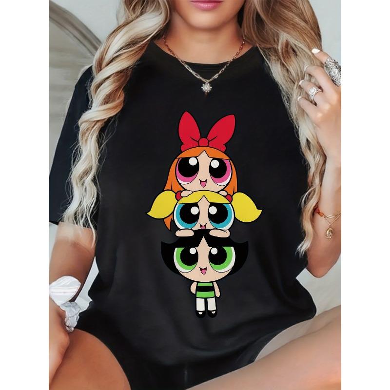 European size - The Powerpuff s Women'S L-5XL Oversized T-Shirt - Blossom, Buttercup Bubbles Graphic Print, Retro Cartoon Short Sleeve Round