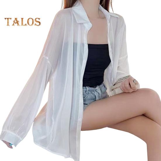 Women Shirt Lapel Long Sleeve Single Breasted Shirt Tops Solid Color Loose Fit See-through Glossy Fabric Sunscreen Thin Shirt