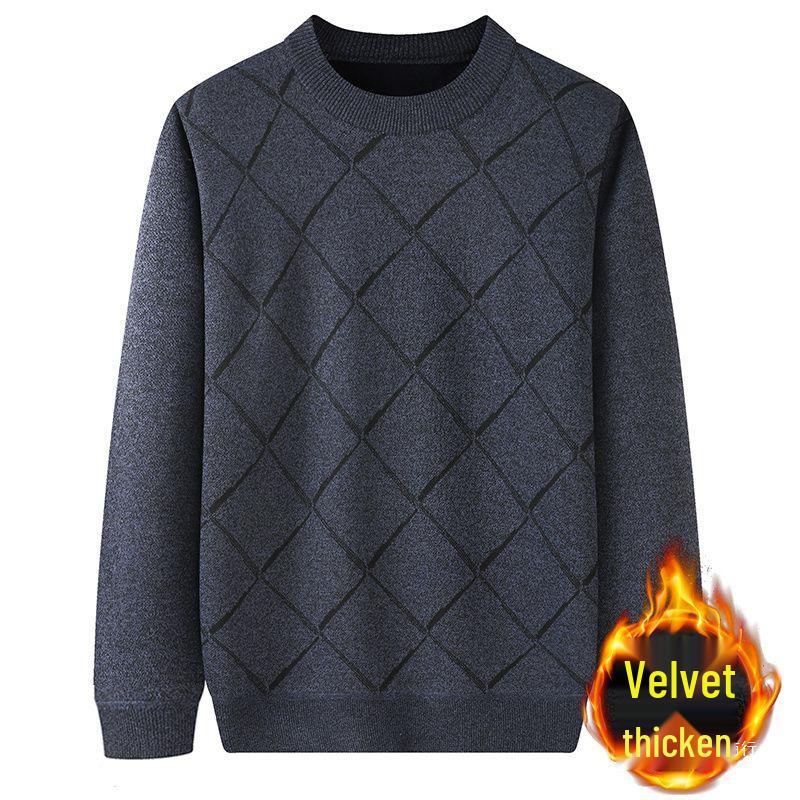 Men's Thickened Velvet Knit Sweater: Warm Round Neck Autumn/Winter Top for Middle-Aged & Elderly Dads