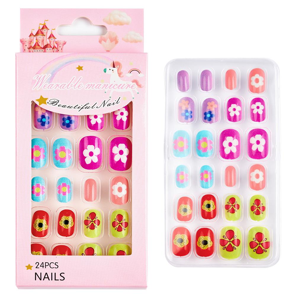 24pcs/box Candy Kids False Nail Cartoon Full Cover Press On Fake Nails Tips Kawaii Acrylic Artificial Fingernails for Girls