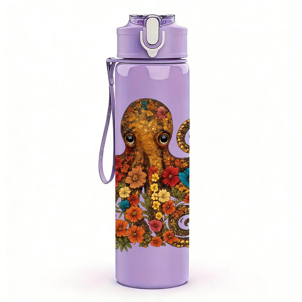 1PC Vintage Octopus Illustration 750ml Color Plastic Sports Water Bottle Leakproof Flip Straw Lid Suitable for Sports Office Home Use