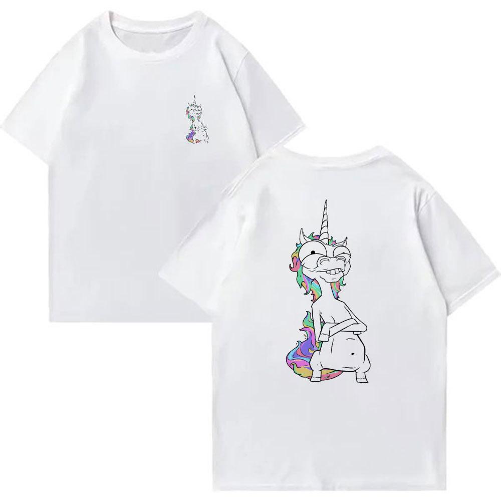 Funny Unicorn Cartoon Graphic T Shirt Back Print Weird Rainbow Unisexe Unicorn Tee Y2K Streetwear Cotton Short Sleeve
