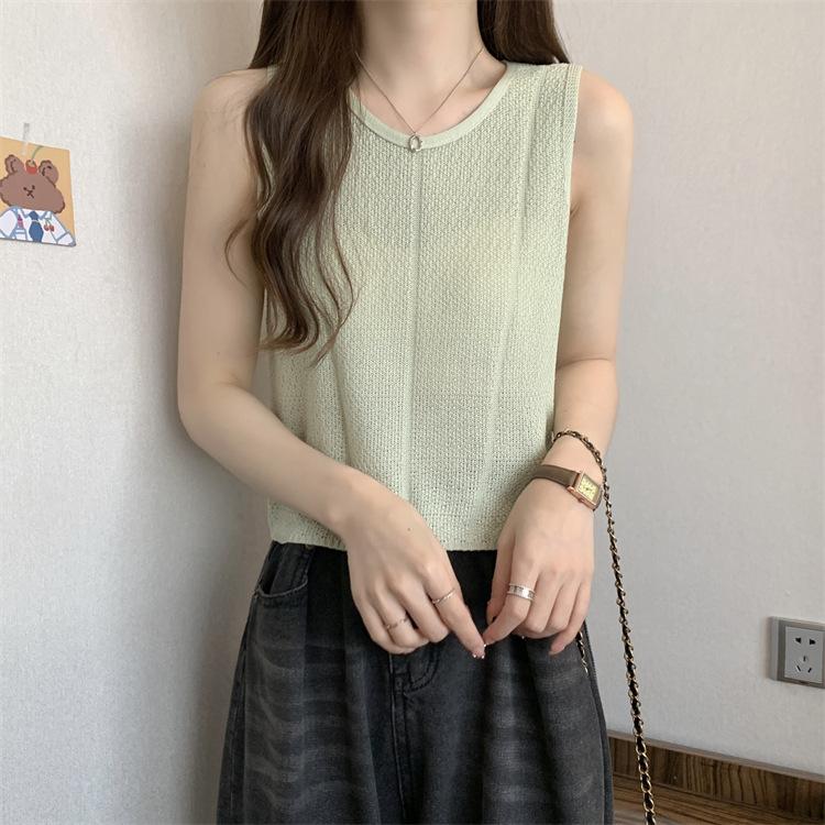 Módní jednobarevný dámský pletený top bez rukávů s kulatým výstřihem