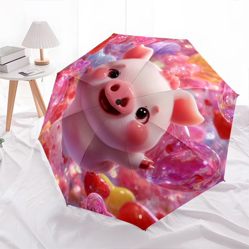 Pink Piglet Pattern, Automatic Folding Umbrella, Portable and Foldable Design, 8 Ribs, a Christmas or Birthday Gift.