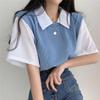 Women Spring Summer Solid Color Short Sleeved Polo Collar Fake Two T-shirt Loose Contrast Color Blouses Pullover Top S-XXL