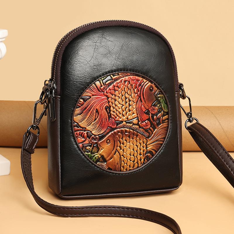 Koi Embossed Printing Ethnic Style Large Capacity Lightweight Multi Clip Premium Texture Shoulder Bag - Modern Women Crossbody Bags