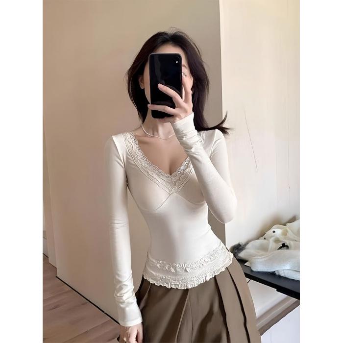 

270g German Velvet Lace Patchwork V-Neck Long Sleeve Top with Waist-Cinching Base Layer and White Puff Sleeves XL белый