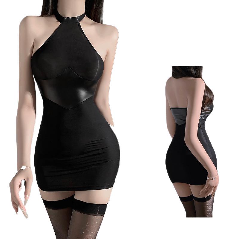 Ice Liuguo Sexy Patent Leather and Silk Spliced Bodycon Secretary Lingerie Dress