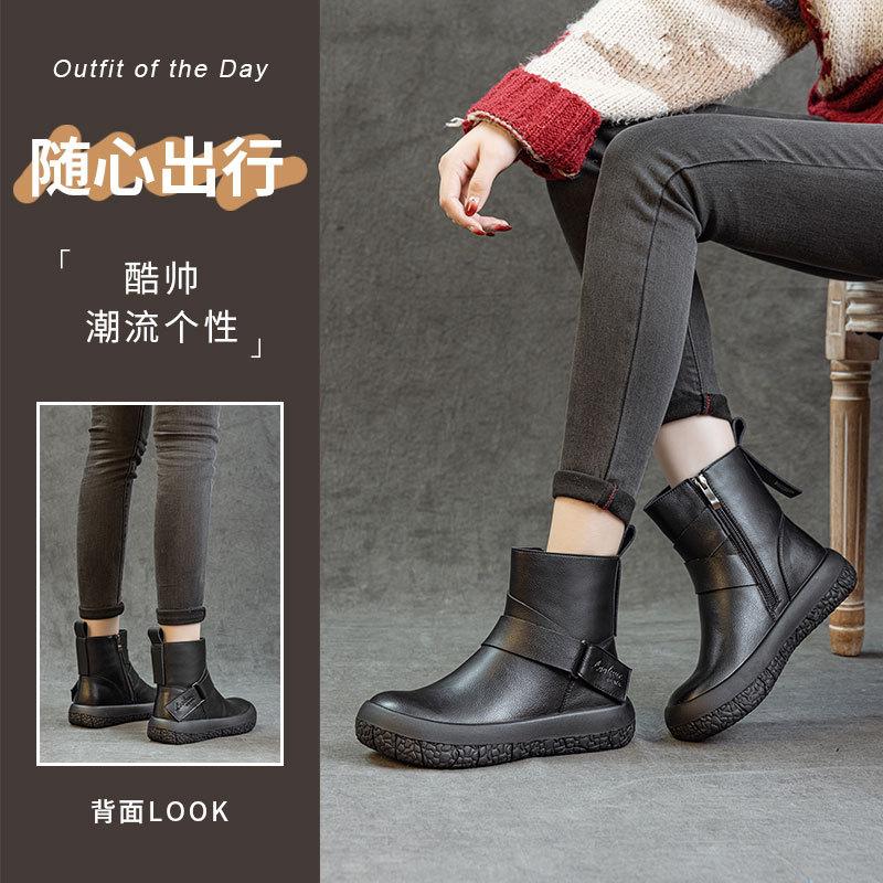 Autumn and Winter New Leather Martin Boots Women's Warm Velvet Shoes Retro Casual Flat Heel Short Knight Leather Boots