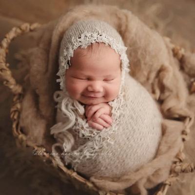 Newborn Full Moon Photo Props - Baby Art Clothing Wrapping Cloth/Hat Mohair Lace Yarn Practical for Baby Photography Sessions