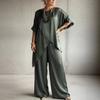 Damen 2-teilige Satin-Outfits Halbarm Asymmetrischer Saum Oberteil Weite Hosen Sets Sommer Lockere Lounge-Sets