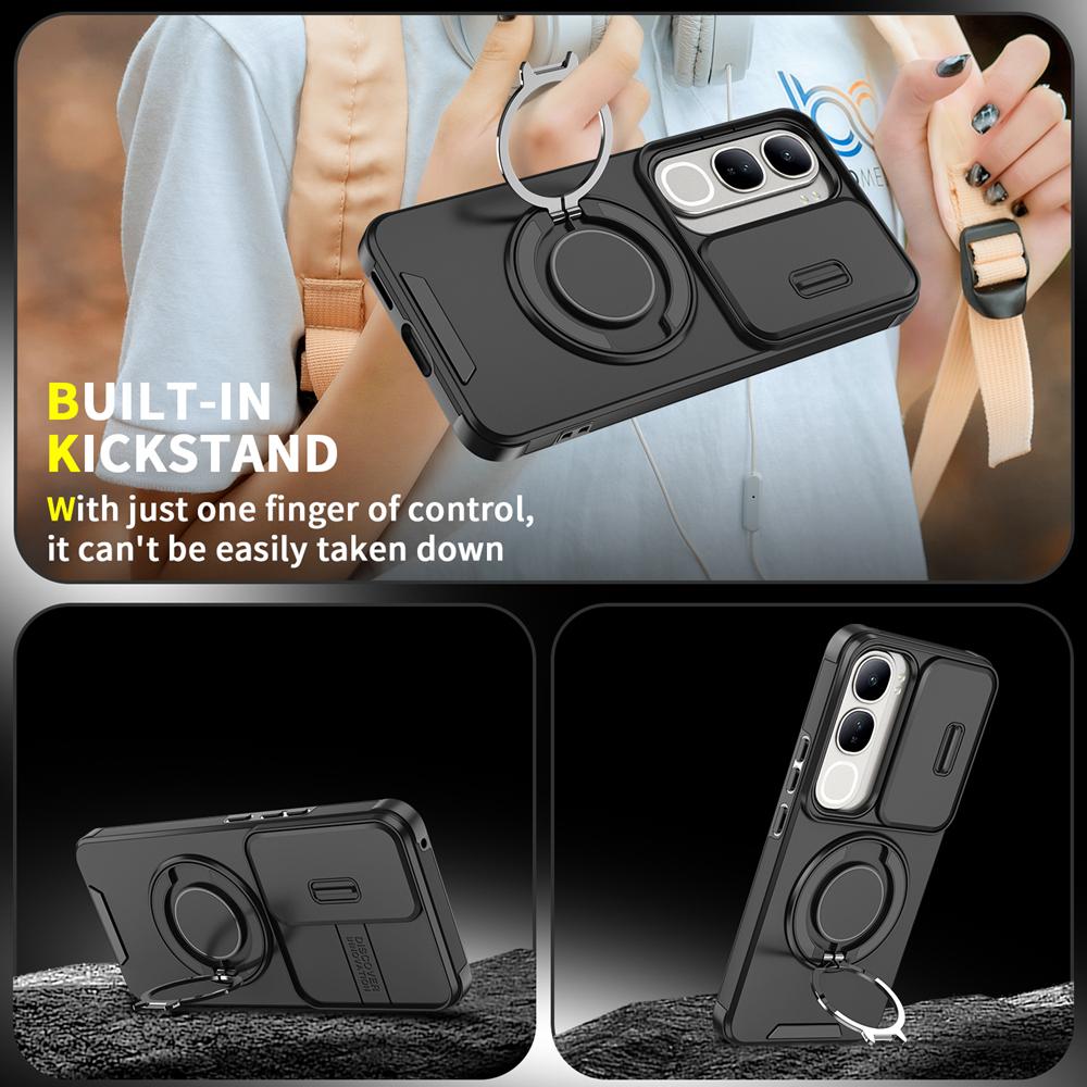 KEYSION 360° Ring Stand Phone Case for VIVO V40 SE 80W V40 Lite Slide Camera Protection Magnetic Shockproof Cover for VIVO Y200 5G