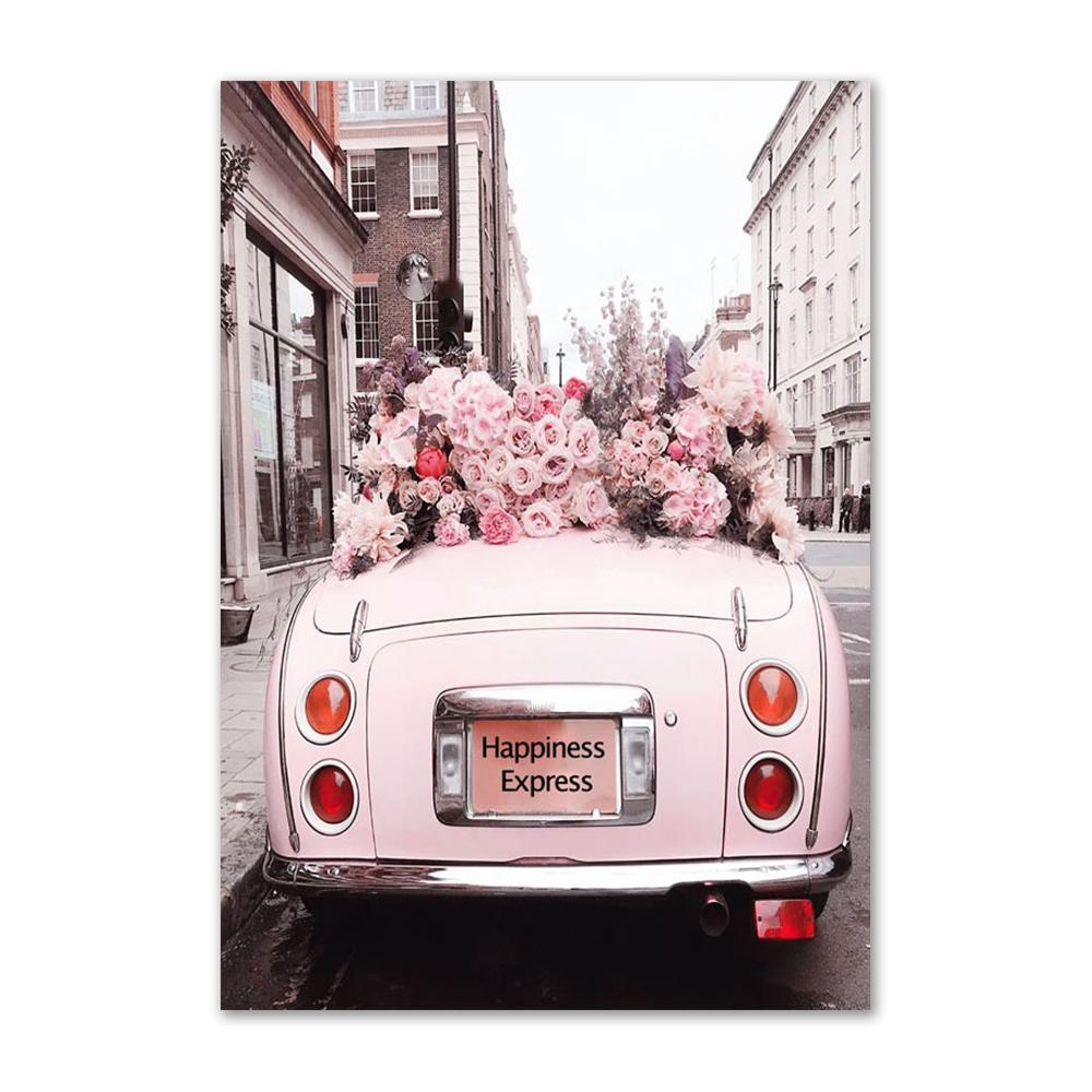 Città moderna Scenario rosa Pittura su tela Wall Art Poster e stampe Fiore di Begonia Retro Car Bike Immagini per la decorazione del soggiorno