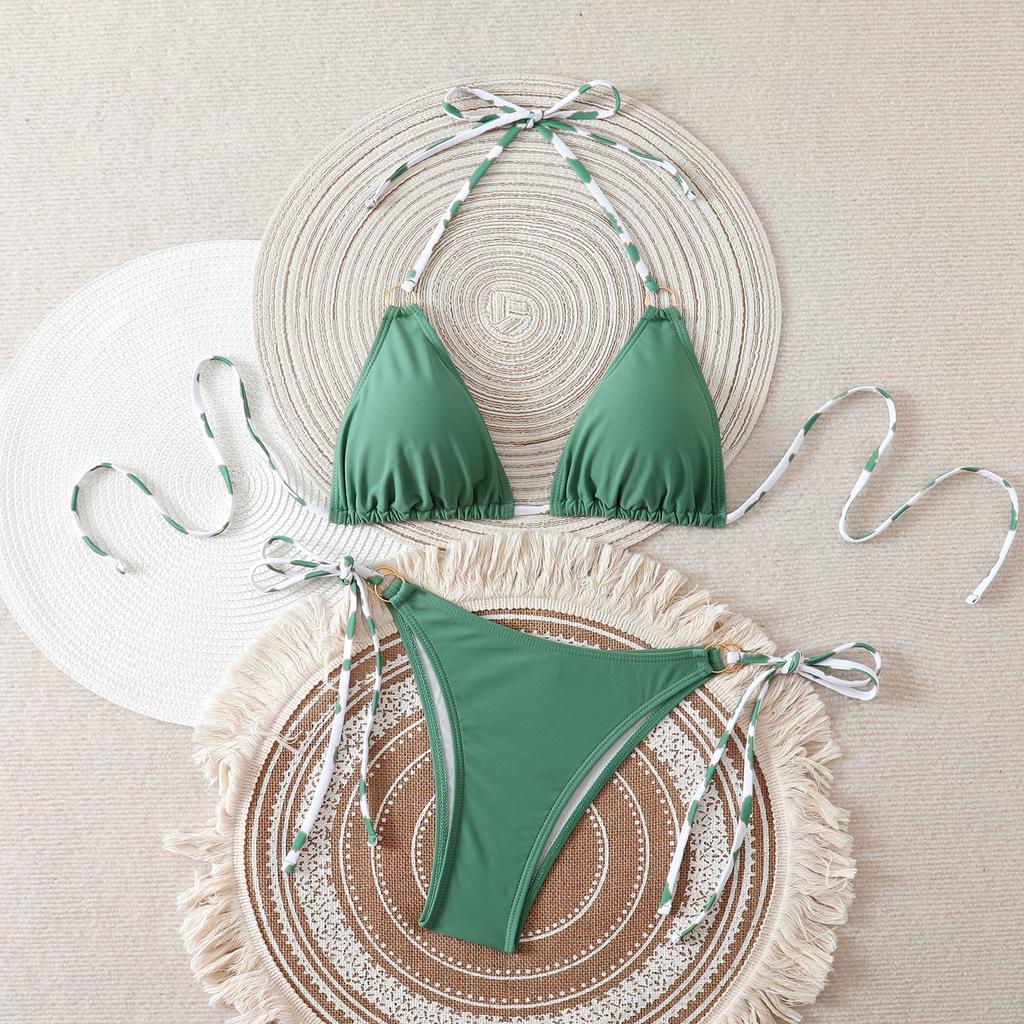 The new European and American triangle bag sexy bikini women's vacation two-piece swimsuit beach neck split swimsuit is on sale