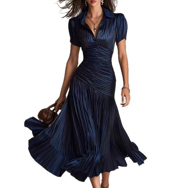 European and American new hot-selling retro striped satin pleated dress