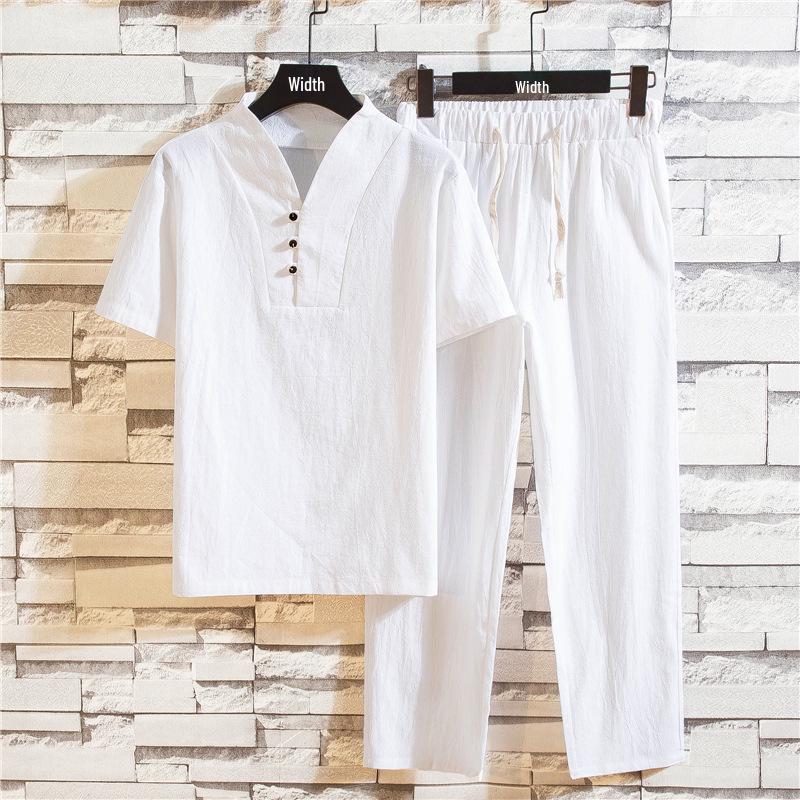 

2024 Summer Men s Plus Size Retro Chinese-Style Loose Linen Two-Piece Set M білий