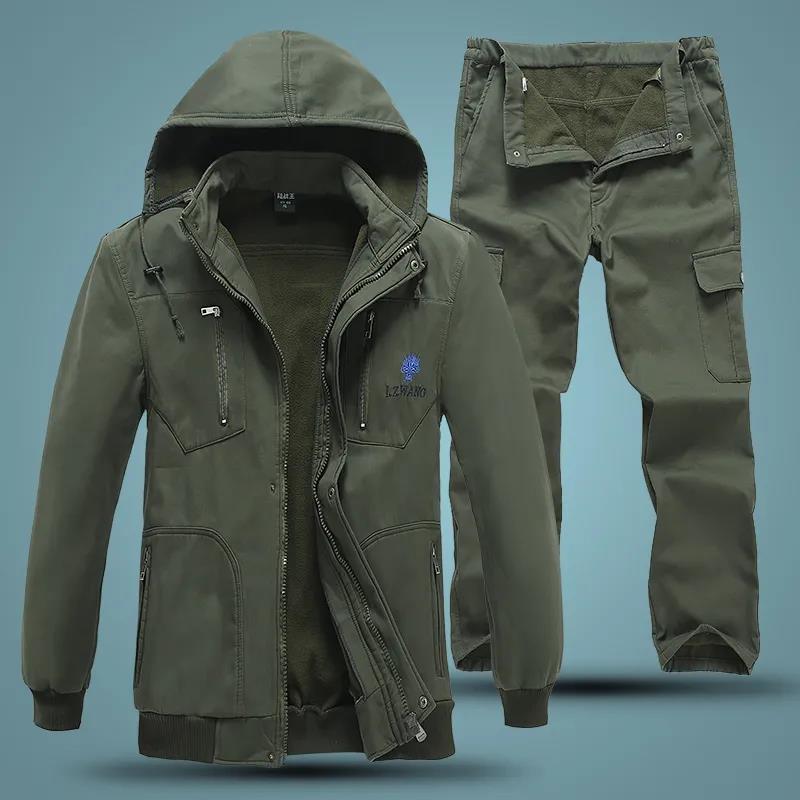 Pánská podzimní zimní venkovní maskáčová zateplená bunda s límečkem, fleecová bunda a kalhoty, 2dílná sada