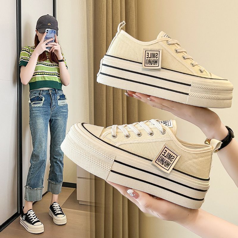 Women Black White Platform Canvas Shoes Sneakers Lace Up Comfortable Shoes Fashion Outdoor Versatile Sport Vulcanize Shoes