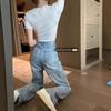 Autumn Trend Women's Retro Washed Blue High-Waist Wide-Leg Jeans - Floor-Length Slimming Trousers