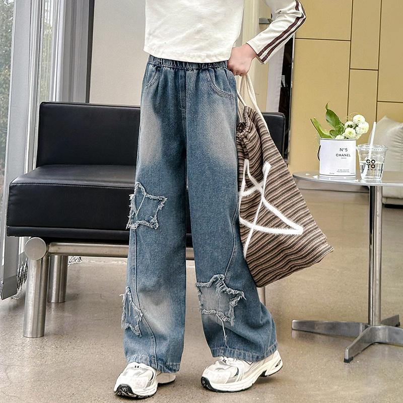 Spring Autumn Children Trousers  Girls' Jeans Teens School Star Design Casual Loose Jeans for Girl Elastic Waist Kids Straight Pants