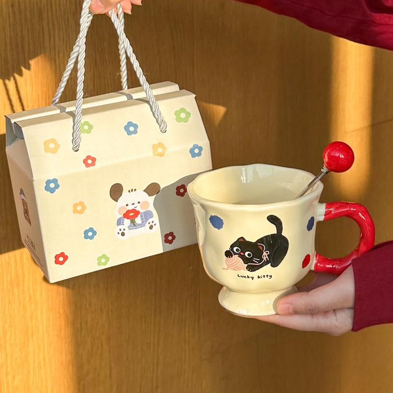Cute cat apple ceramic mug as a gift, couple drinking cup for girls' birthday gift gift gift box