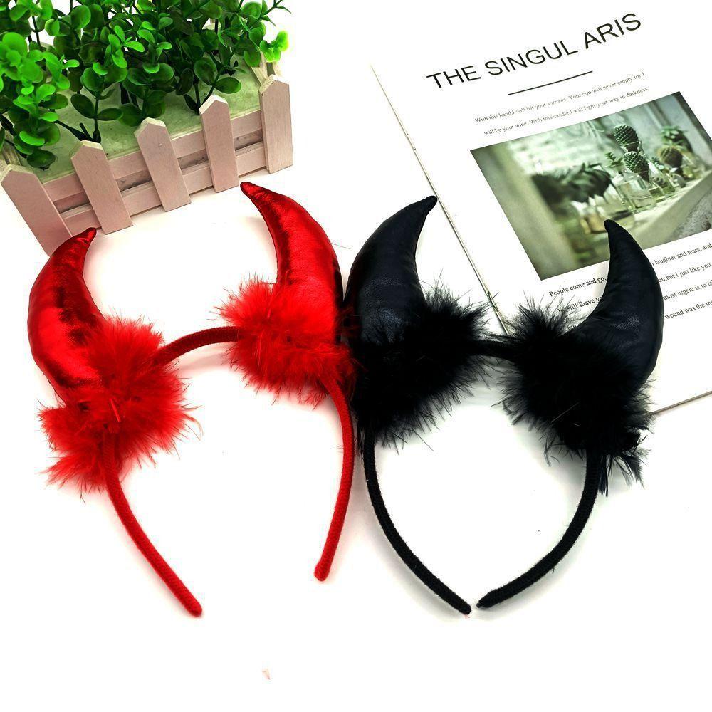 Headpiece Ox Horns Headband Black Feather Demon Hair Hoop  Halloween Costume Accessories