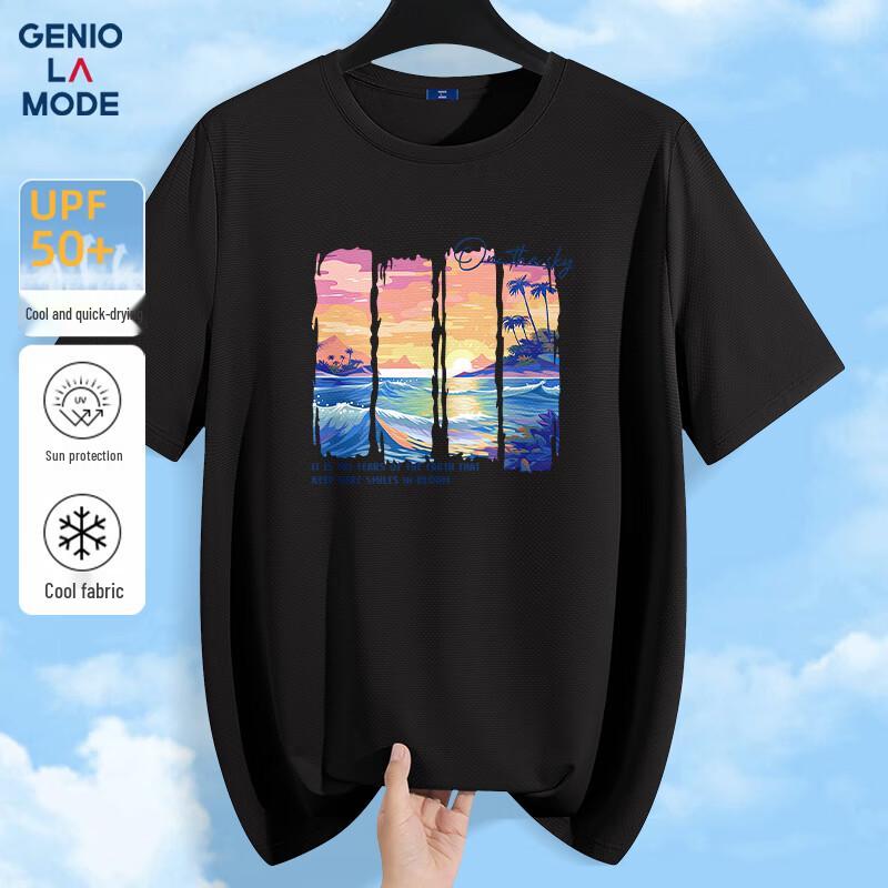 GENIOLAMODE Men s Cool-Touch Quick-Dry Wave Print T-Shirt L