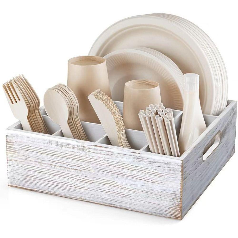 Porte-couverts en bois peu encombrant Grande capacité Porte-couverts avec poignée 6 compartiments Porte-ustensiles de cuisine Restaurant