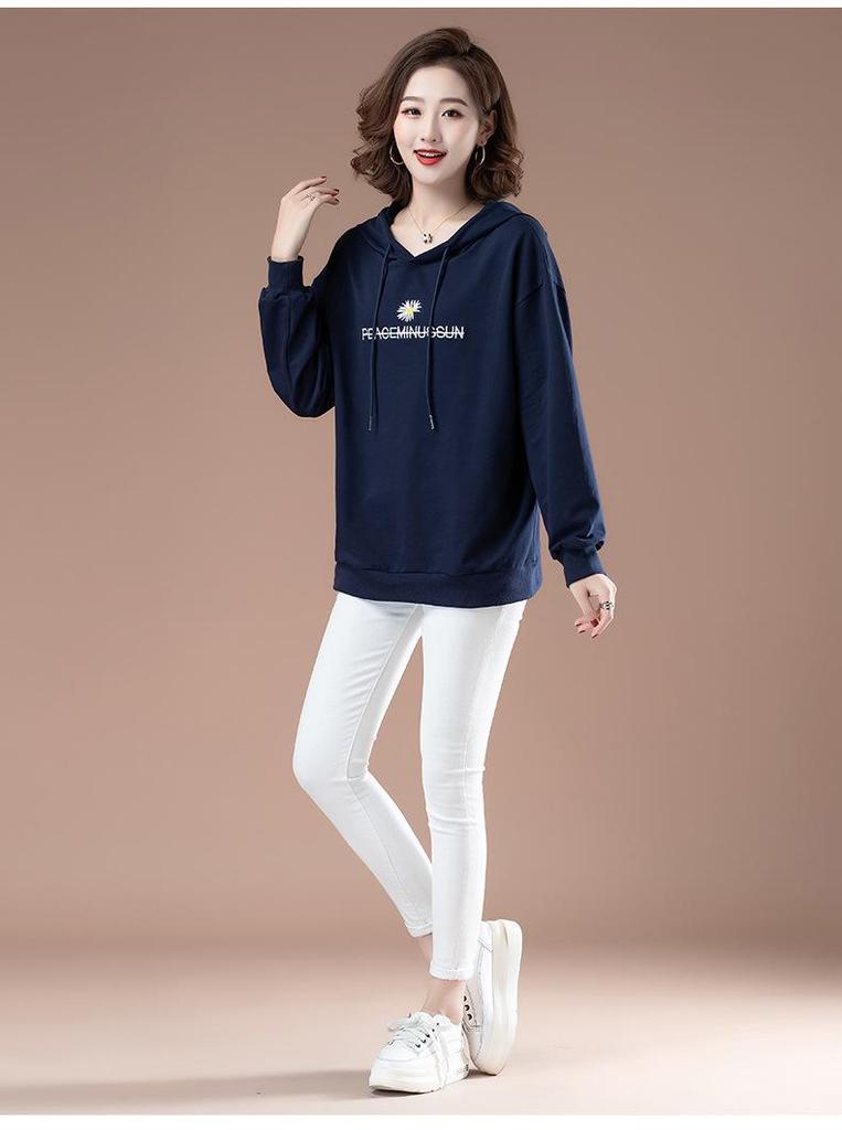 Women's Autumn/Winter 2025 Plus Size Hooded Daisy Plush Sweatshirt - Korean Style for Middle-Aged Moms