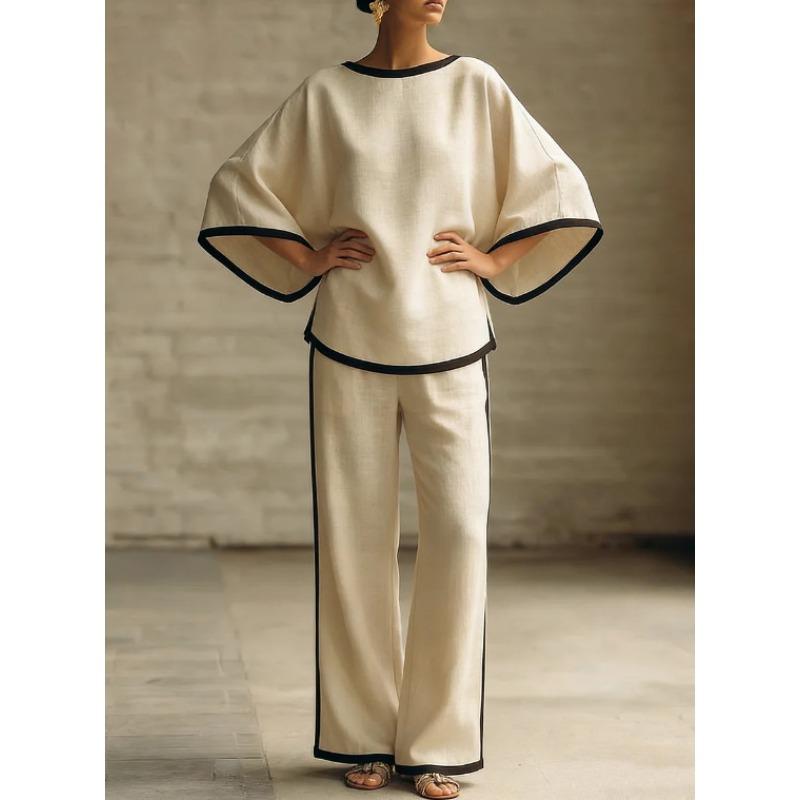 

Women s Linen Contrast Trim Batwing Sleeve Top Wide Leg Pants 2 Piece Casual Set 3XL