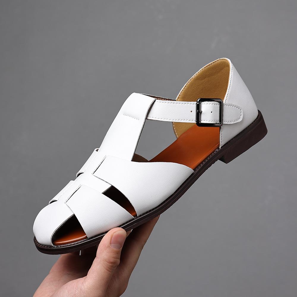 Mode Neue Herren Einfarbige Leder Atmungsaktive Freizeit Sandalen Retro Verschluss Ausschnitt Strandschuh Bequem Runde Zehe Rutschfest Flache Schuhe