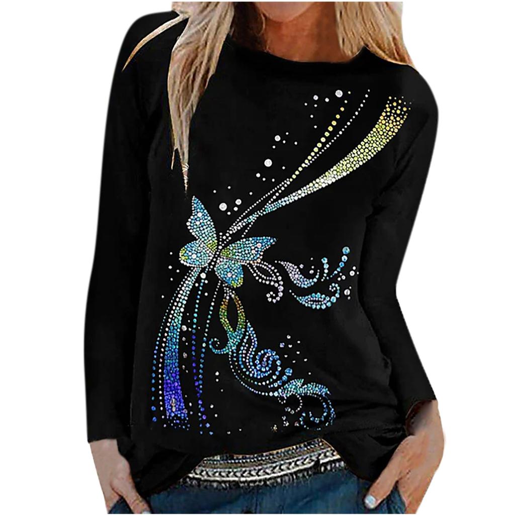 Tops de otoño para mujer, camiseta informal de manga larga con estampado de mariposas y gatos holgados, blusa superior