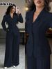 Autunno Elegante Collo Alto Manica Lunga Vestibilità Larga Gamba Dritta Pantaloni Set Due Pezzi Donna